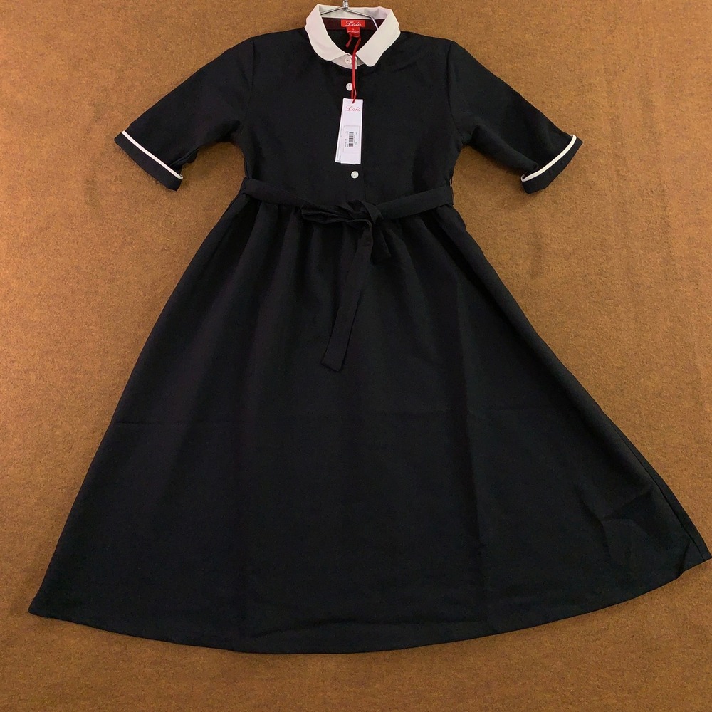Lili Girls 12 Black Peter Pan Collar Belted A-Line Midi Dress New